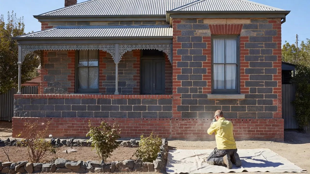 The front of an old bluestone villa with a cast iron lace verandah, and a technician kneeling on a drop sheet drilling a row of holes along the red brick base course.