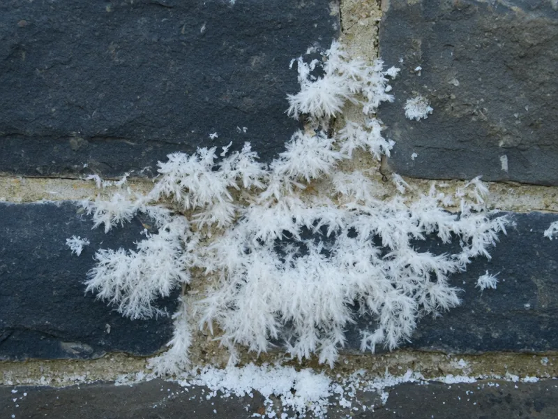 Thick white salt crystals across dark bluestone at the base of a wall.