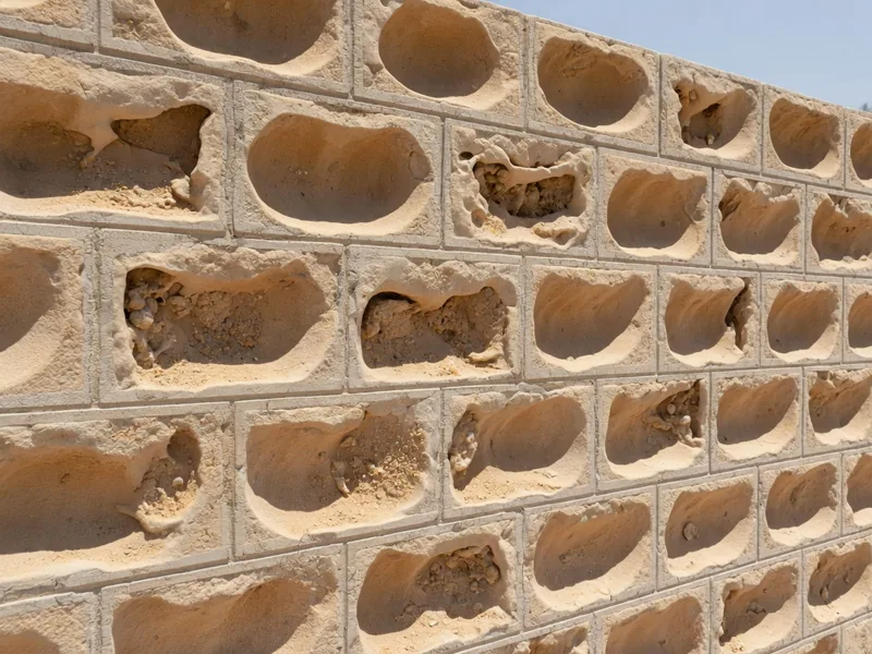 Sandstone blocks whose faces have dished and powdered back behind proud joints.