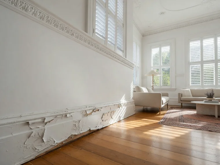 The deep painted skirting of a bright Adelaide villa room, the paint clearly blistering and lifting away along its length.